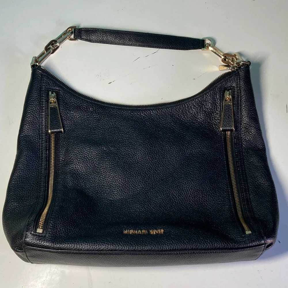 Michael Kors Matilda Black Pebbled Leather Handbag with Gold Accents 12 X 14”